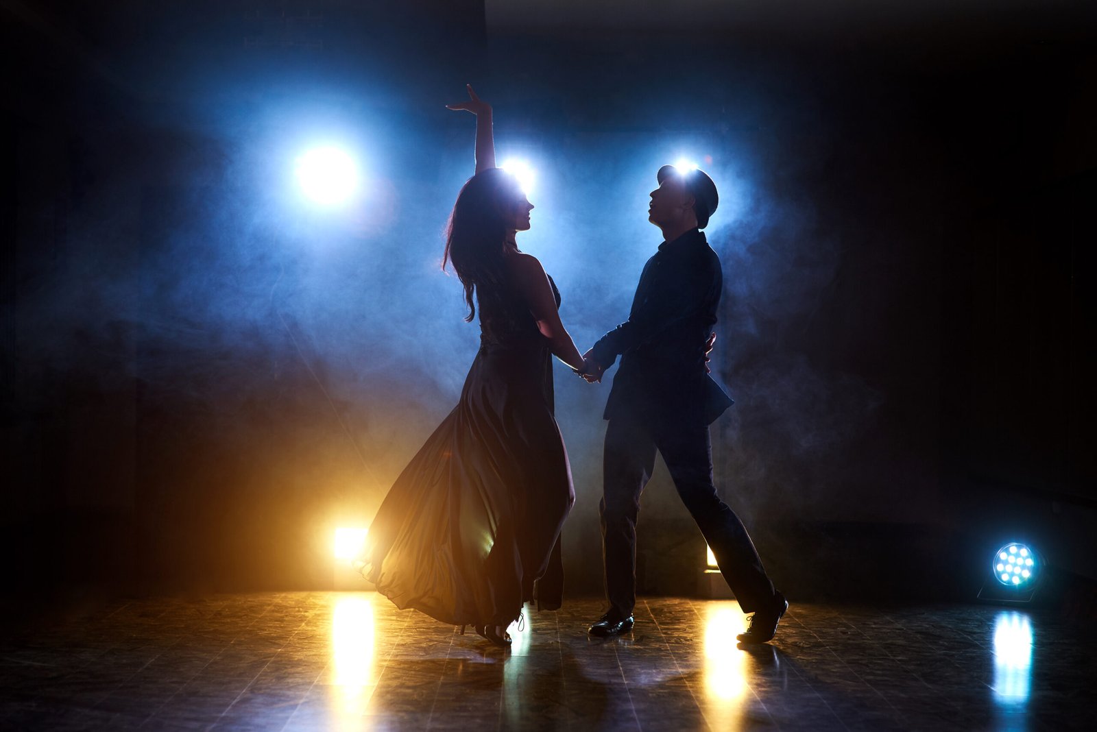 skillful dancers performing dark room concert light smoke sensual couple performing artistic emotional contemporary dance scaled